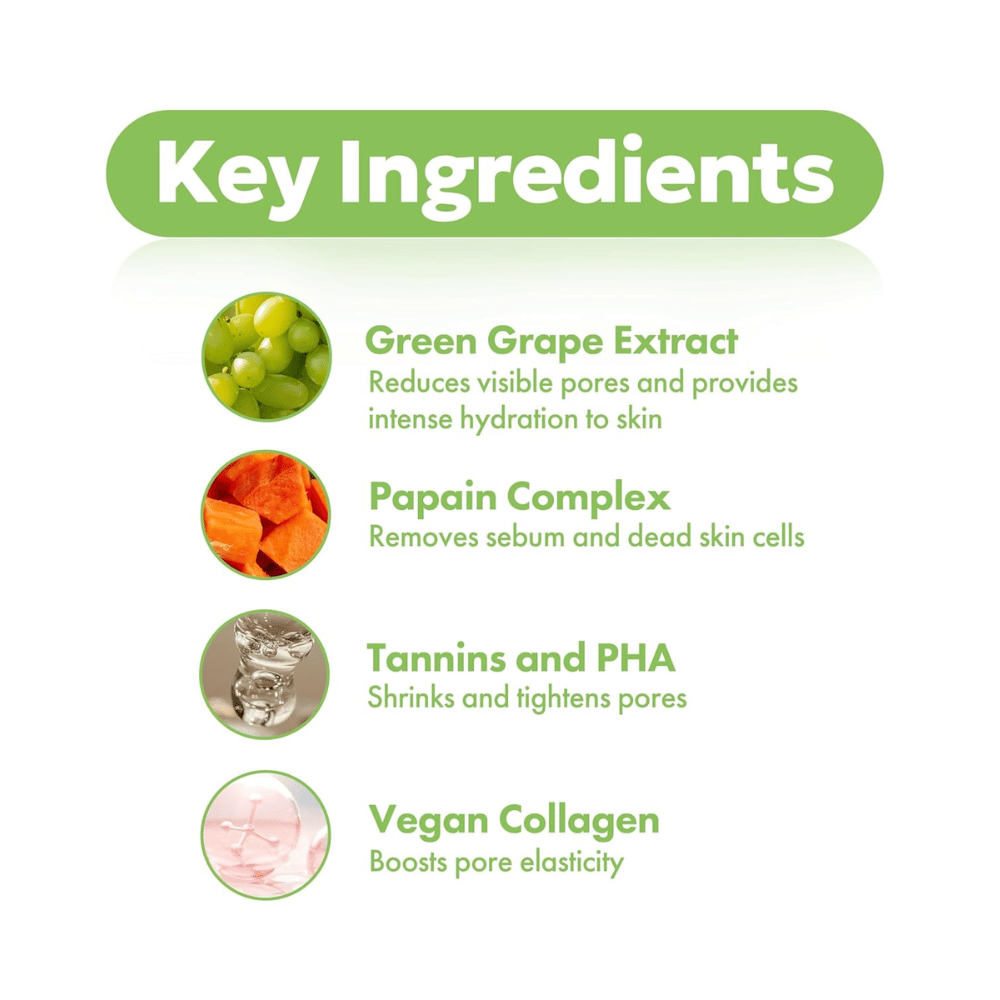 Nøkkelingredienser i FRUDIA Green Grape Pore Control Cream med grønn drueekstrakt, papain, PHA, tanniner og vegansk kollagen for klarere og glattere hud.