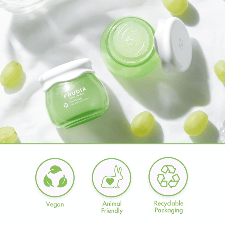 FRUDIA Green Grape Pore Control Cream med grønn drueekstrakt, vegansk ansiktskrem som minimerer porer, balanserer sebum og gir resirkulerbar emballasje.