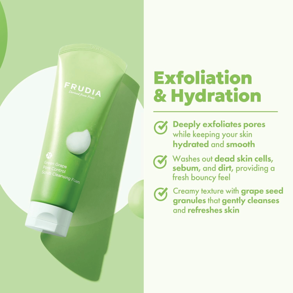 FRUDIA Green Grape Pore Control Scrub Cleansing Foam – eksfolierende ansiktsrens med druekjernegranulat som fjerner smuss, talg og døde hudceller uten å tørke ut huden.