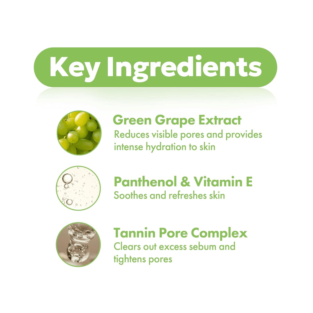 FRUDIA Green Grape Pore Control Scrub Cleansing Foam – nøkkelingredienser som grønt drueekstrakt, panthenol, vitamin E og tannin pore complex for rengjorte og forfinede porer.