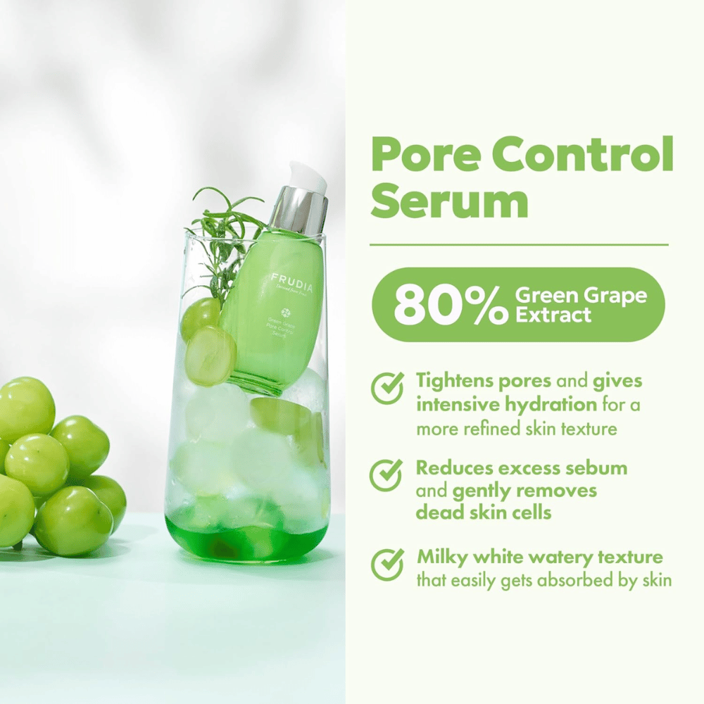 Frudia Green Grape Pore Control Serum som strammer opp porer, reduserer overflødig sebum og absorberes raskt med lett, melkeaktig tekstur for frisk og balansert hud.