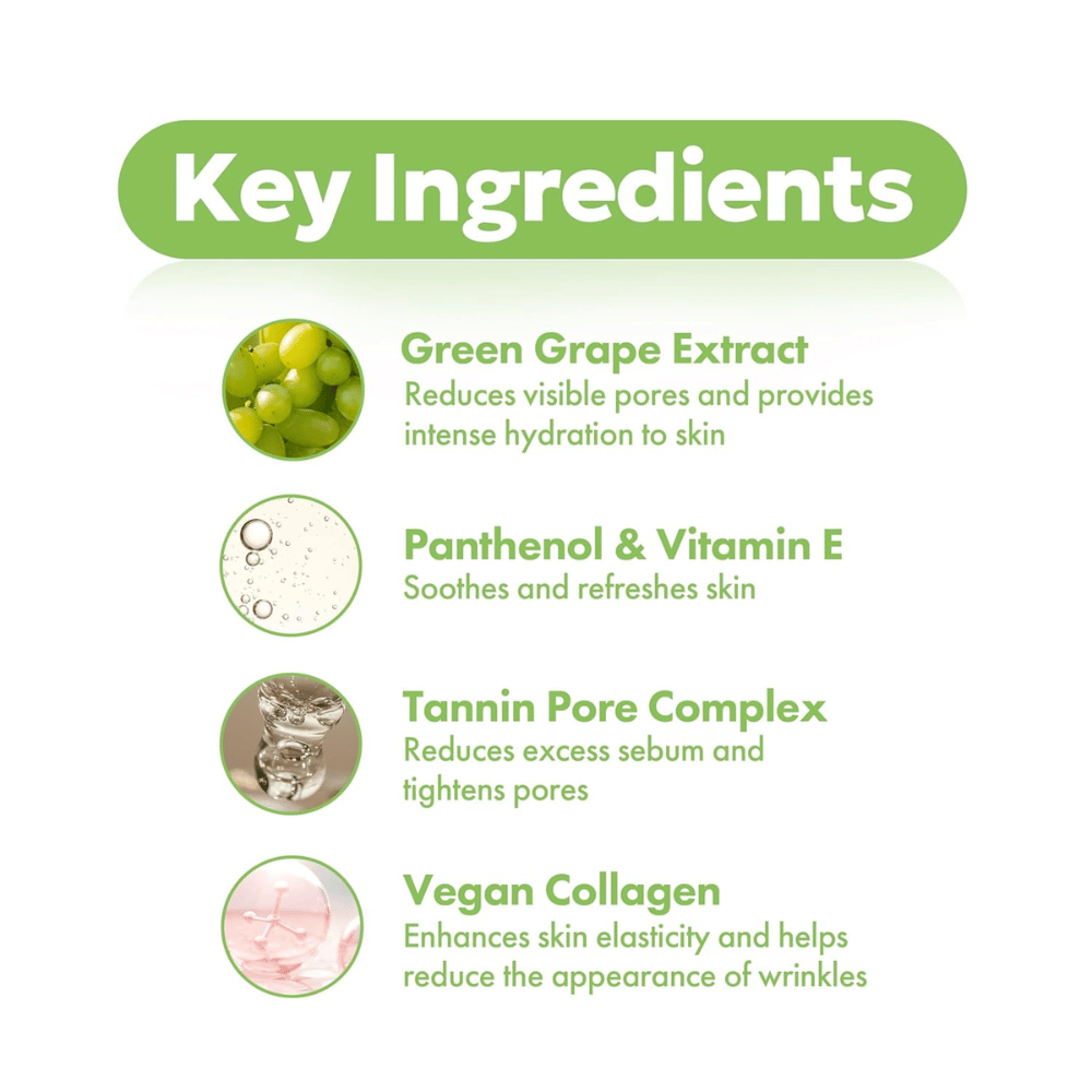 Nøkkelingredienser i Frudia Green Grape Pore Control: grønt drueekstrakt for porer, panthenol og vitamin E for beroligende effekt, tannin pore complex samt vegansk kollagen.