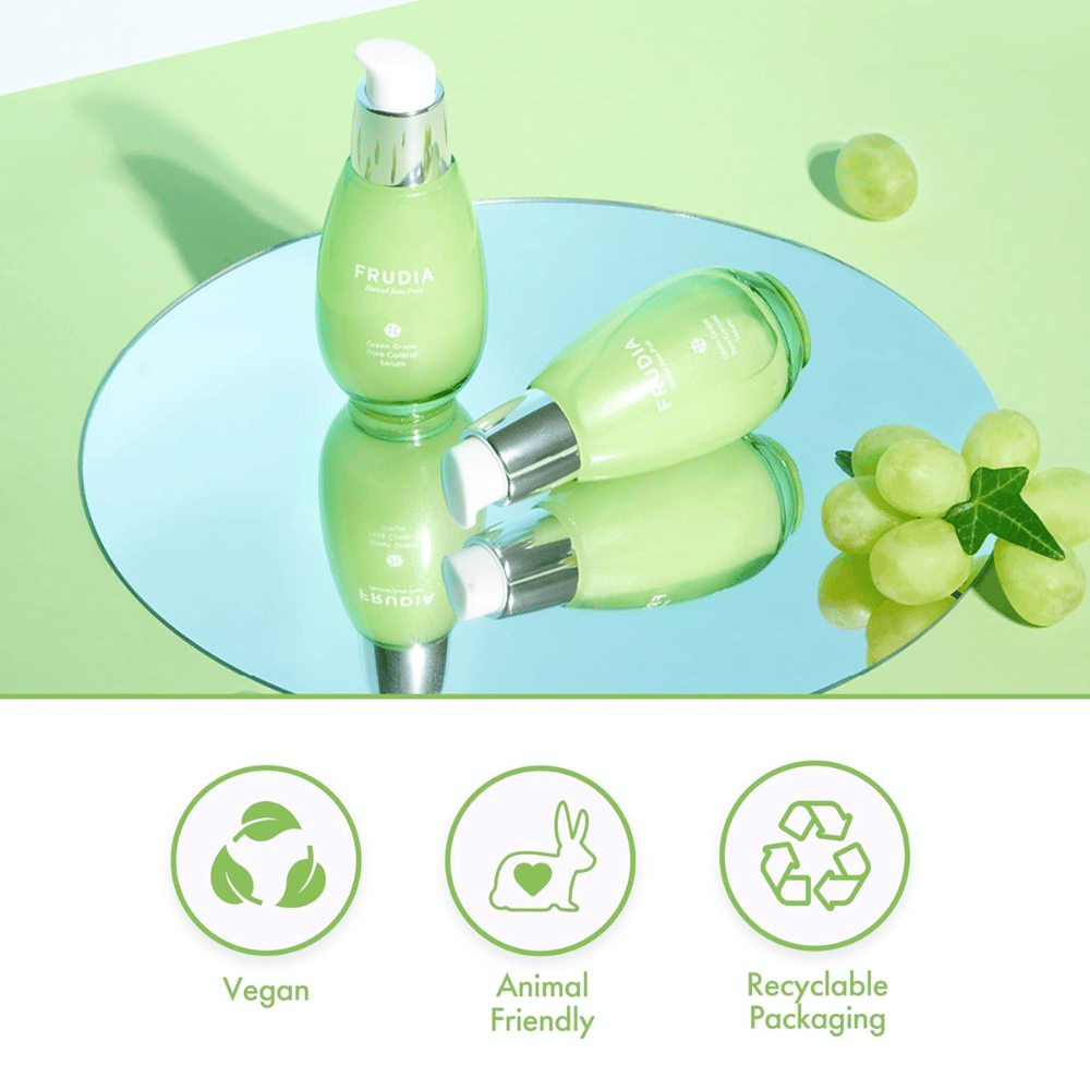Frudia Green Grape Pore Control Serum med grønne druer, vegansk formel, cruelty-free og resirkulerbar emballasje – koreansk hudpleie for poreminskning og balansert hud.