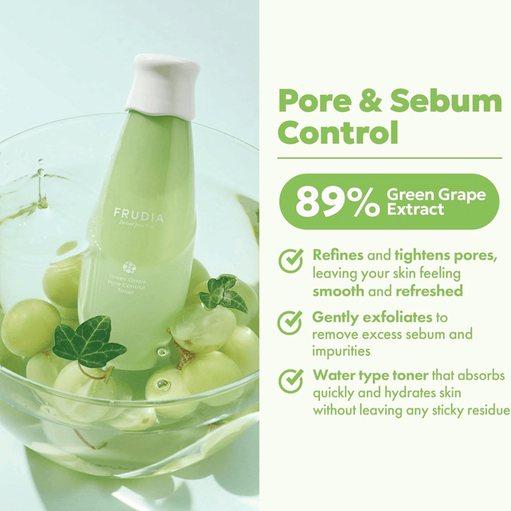 Frudia Green Grape Pore Control Toner med 89 % grønt drueekstrakt som forfiner porer, reduserer overflødig sebum og fukter huden med lett, raskt absorberende toner uten klissete følelse.
