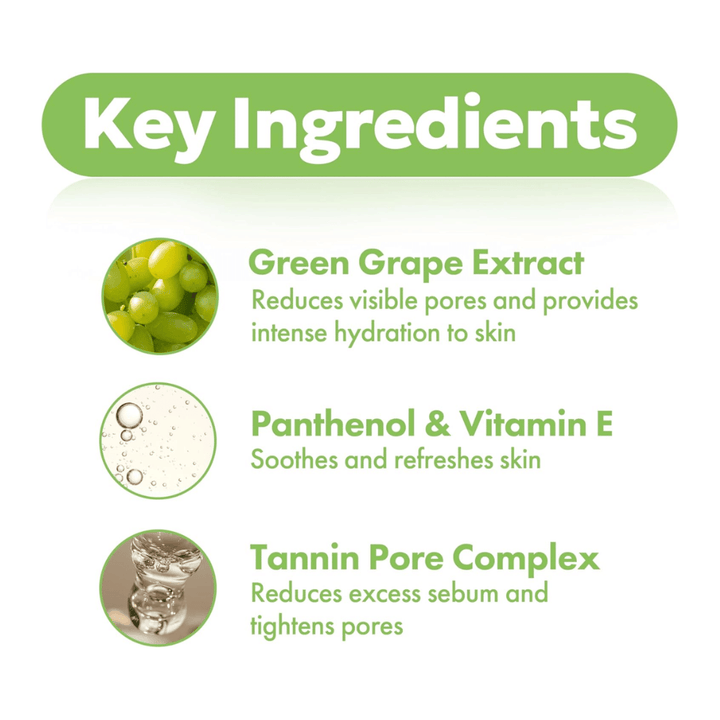 Nøkkelingredienser i Frudia Green Grape Pore Control med grønt drueekstrakt, panthenol, vitamin E og tannin pore complex som fukter huden, reduserer porer og balanserer talg.
