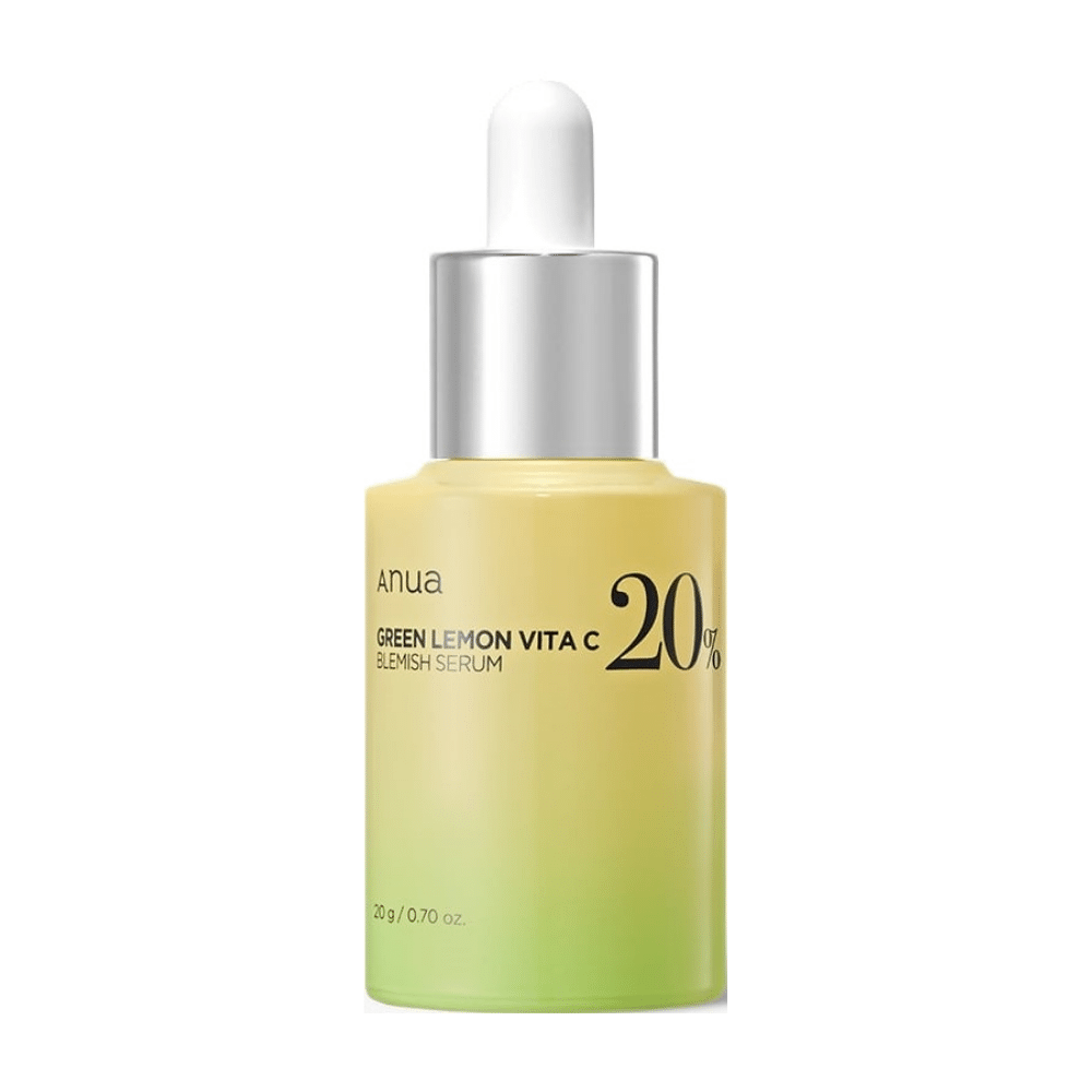Flaske med ANUA Green Lemon Vita C Blemish Serum, inneholder 20% C-vitamin.