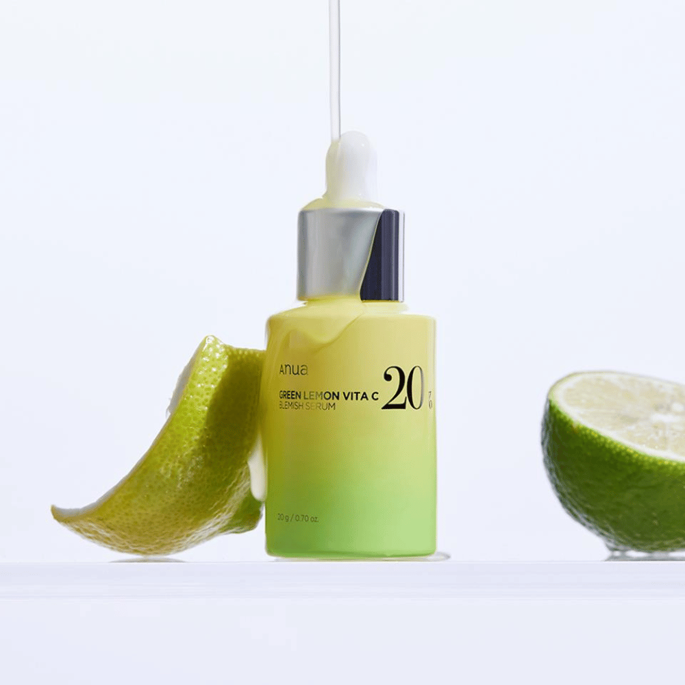 ANUA Green Lemon Vita C Blemish Serum, presentert med en grønn sitronskive, inneholder 20g serum.