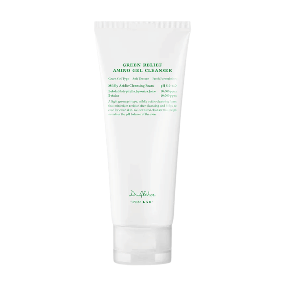 Produktet viser Dr. Althea Green Relief Amino Gel Cleanser – en mild, vegansk rengjøringsgel med lett grønn formel og pH 5.0–6.0 for sensitiv hud.