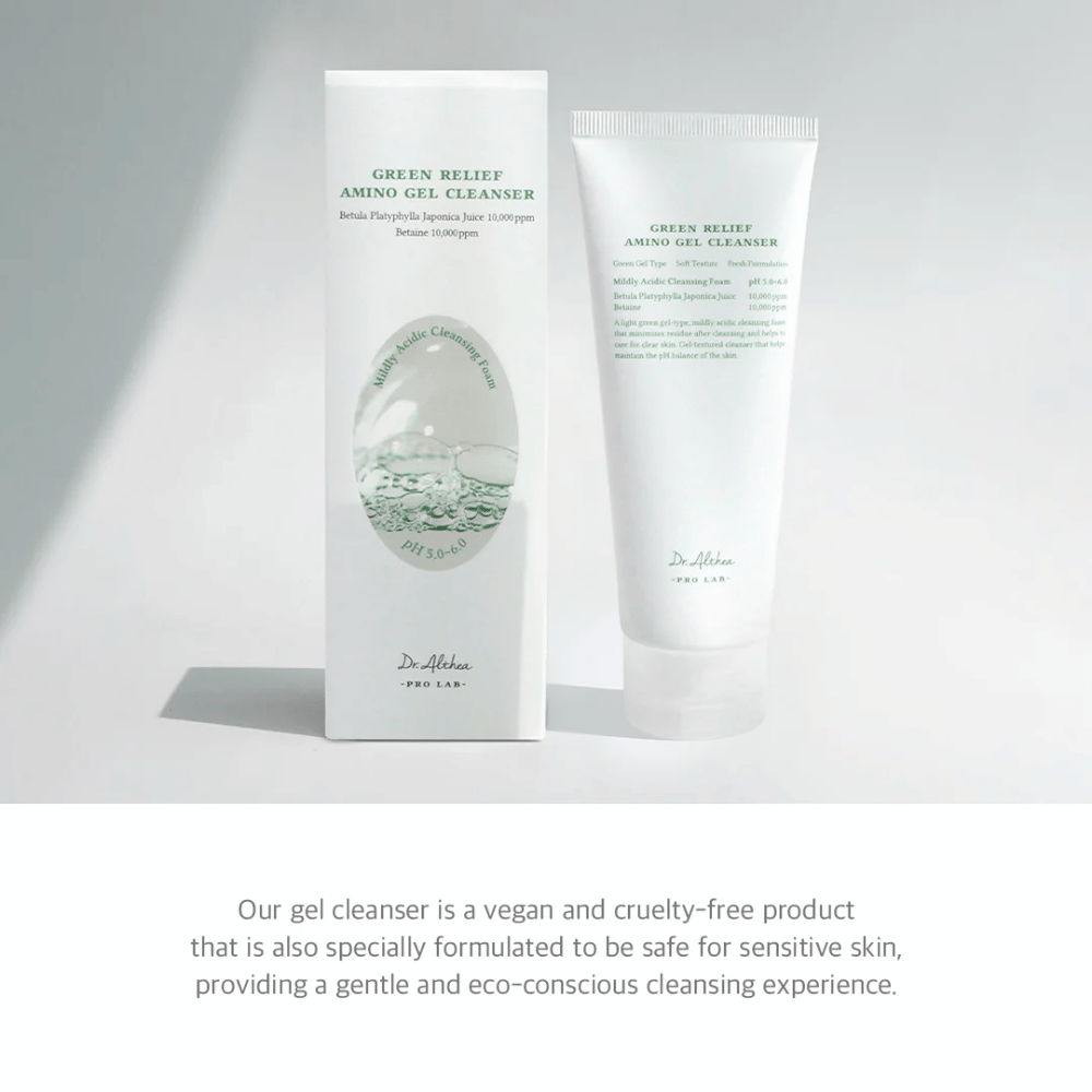 Dr. Althea Green Relief Amino Gel Cleanser er en vegansk, cruelty-free rengjøring med mild geltekstur. Spesielt utviklet for sensitiv hud og miljøbevisst bruk.