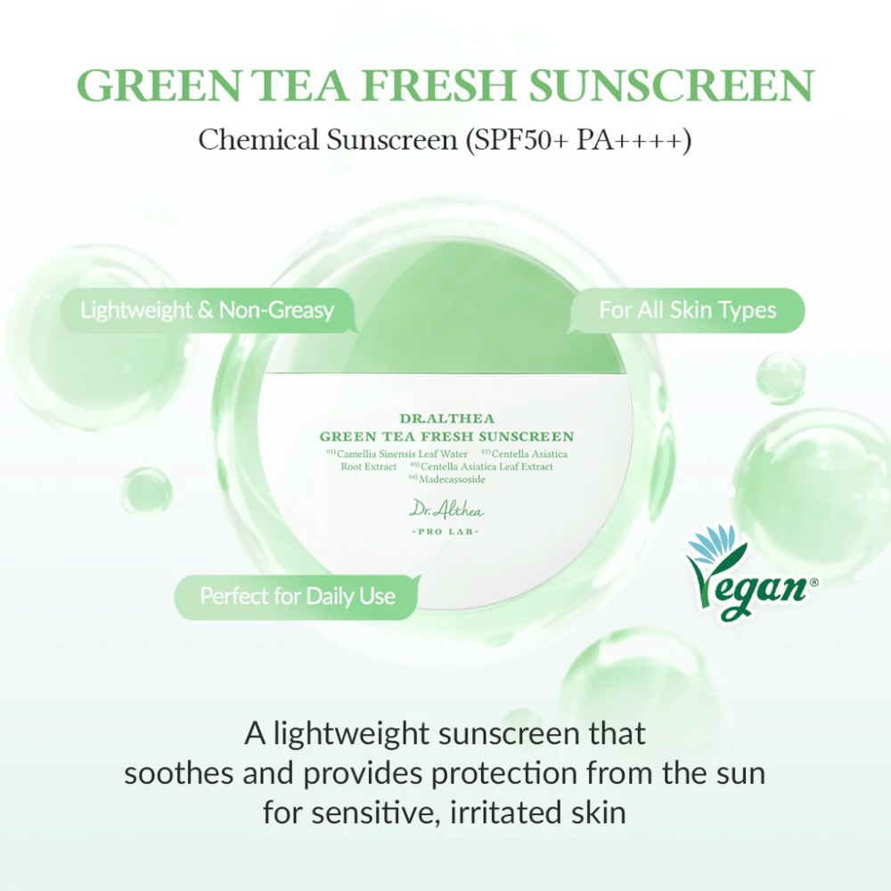 Grønn og hvit produktbilde for Dr. Althea Green Tea Fresh Sunscreen med merkinger om SPF50+, vegansk formel og fordeler som beroligende, lett tekstur og beskyttelse for sensitiv hud.