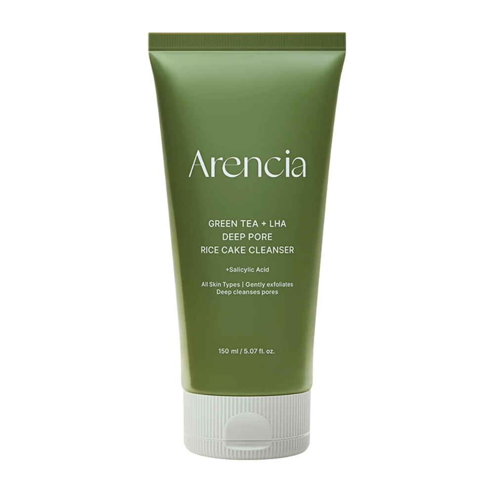 Rent produktbilde av Arencia Green Tea + LHA Deep Pore Rice Cake Cleanser i grønn tubedesign med fokus på minimalistisk og moderne emballasje.