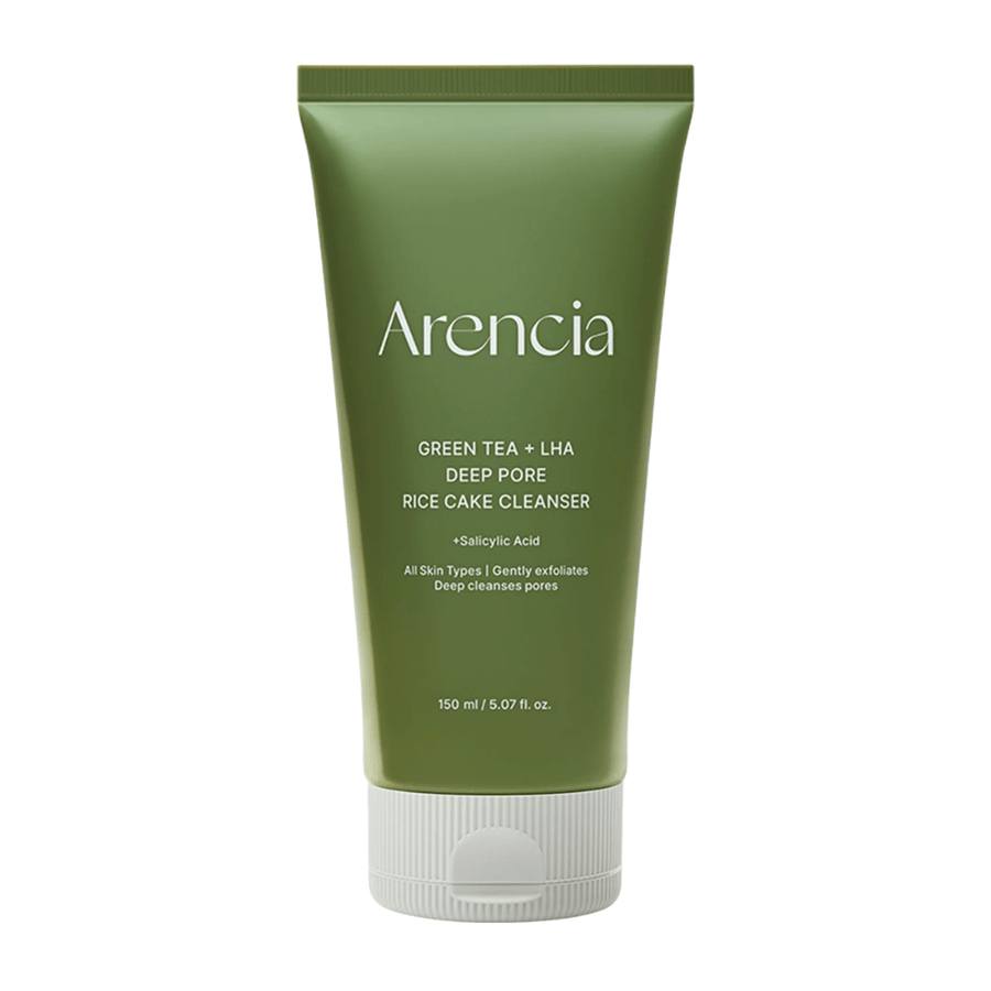 Rent produktbilde av Arencia Green Tea + LHA Deep Pore Rice Cake Cleanser i grønn tubedesign med fokus på minimalistisk og moderne emballasje.