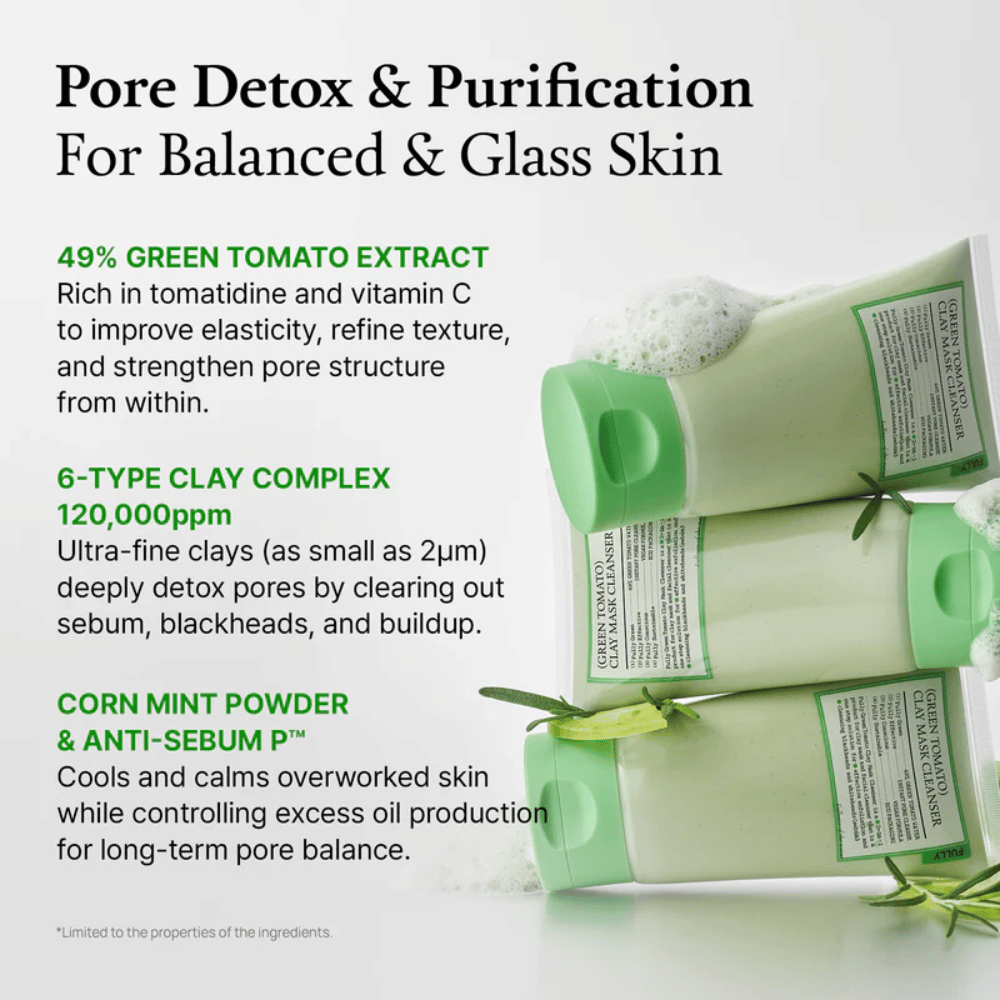 Informasjonsbilde om “Pore Detox & Purification” med ingredienser som grønt tomatekstrakt, leire og mynte – sammen med produktbilder.