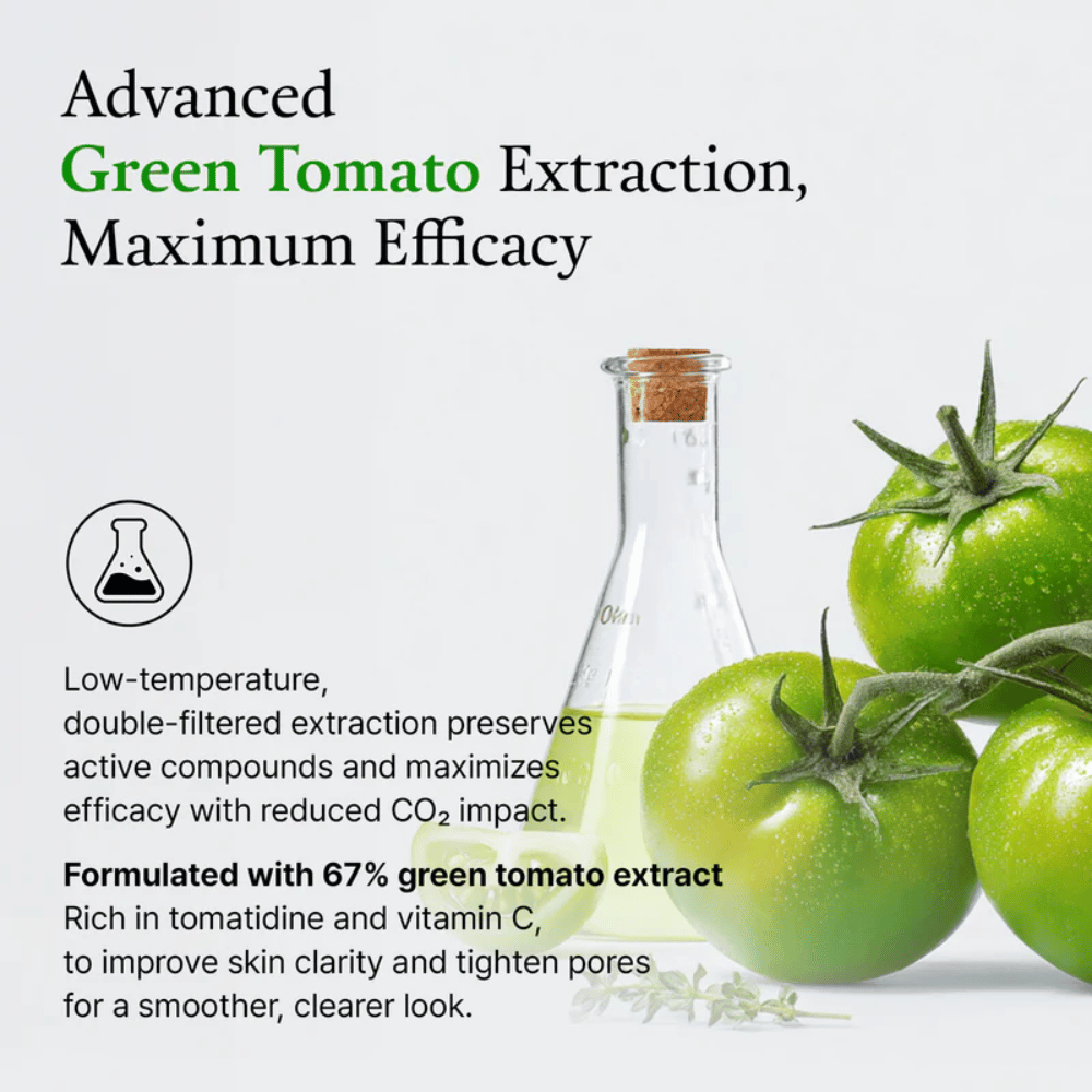 Bilde med grønne tomater og laboratorieflaske som fremhever ingrediensen “green tomato extract” og dens effekt på huden.