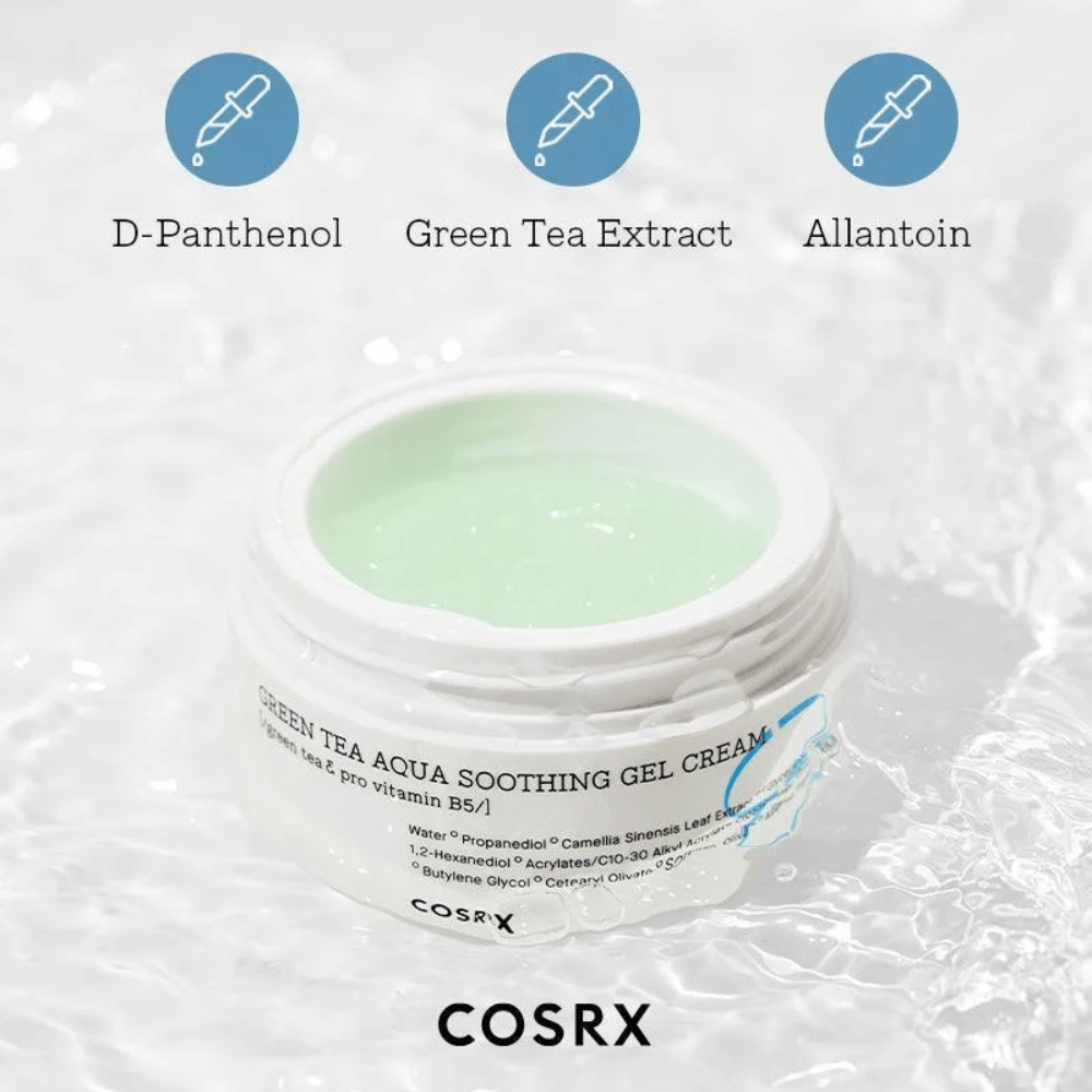 COSRX Green Tea Aqua Soothing Gel Cream – åpen krukke med grønn gelkrem. Nøkkelingredienser: D-Panthenol, Grønn te-ekstrakt og Allantoin for fuktighet og beroligende effekt.