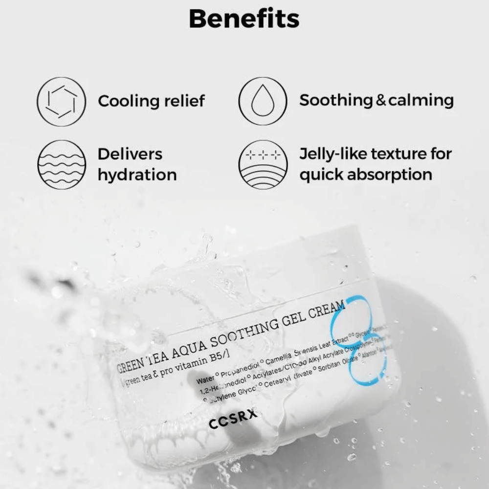 COSRX Green Tea Aqua Soothing Gel Cream – Fordeler: kjølende effekt, beroligende og pleiende, intens fuktighet og gel-lignende tekstur for rask absorpsjon.