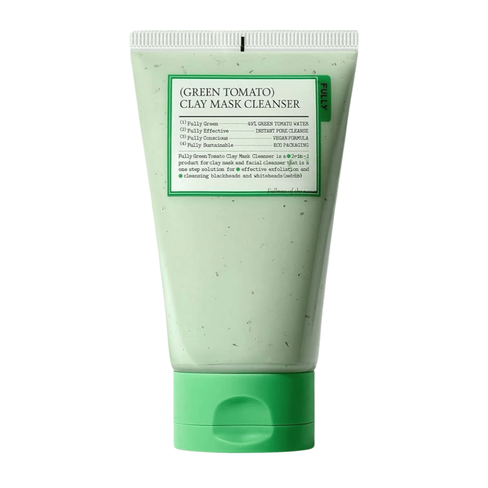 Et produktbilde av Green Tomato Clay Mask Cleanser i en grønn tube mot hvit bakgrunn. Fokus er på emballasjen og designet.