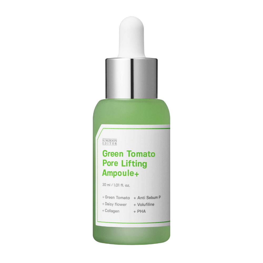 Frilagt produktbilde av Green Tomato Pore Lifting Ampoule+ i grønn glassflaske med pipette.