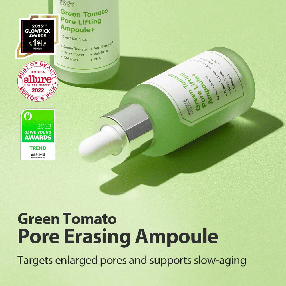 Green Tomato Pore Lifting Ampoule+ produktbilde med utmerkelser fra Glowpick, Allure og Olive Young Awards 2023.
