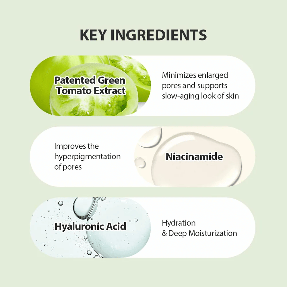 Illustrasjon av nøkkelingredienser i Green Tomato Pore Lifting Ampoule+ med patentert grønn tomat, niacinamid og hyaluronsyre.