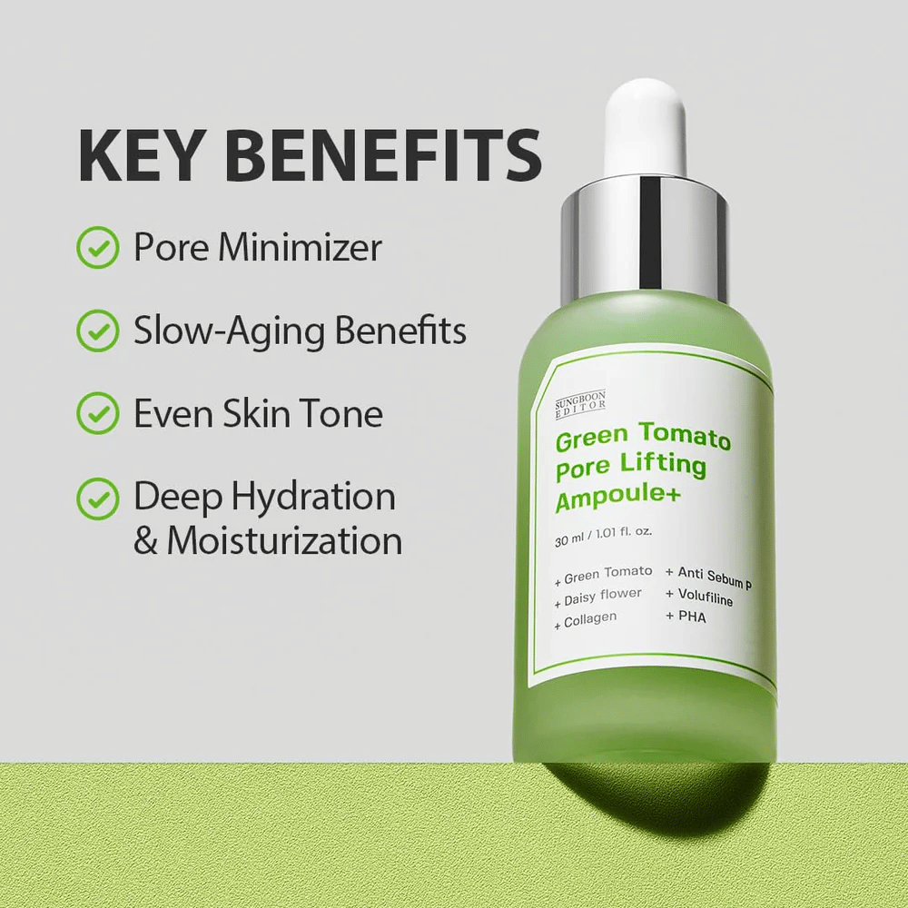 Green Tomato Pore Lifting Ampoule+ med pipetteflaske på grønn bakgrunn, listede nøkkelfordeler som porereduksjon, anti-aldring, jevn hudtone og fuktighet.