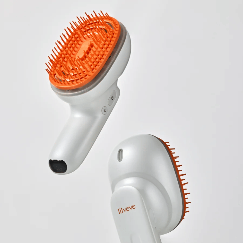 LILYEVE GrowTurn Brush Steam Booster – for- og bakside med ergonomisk håndtak og oransje bust