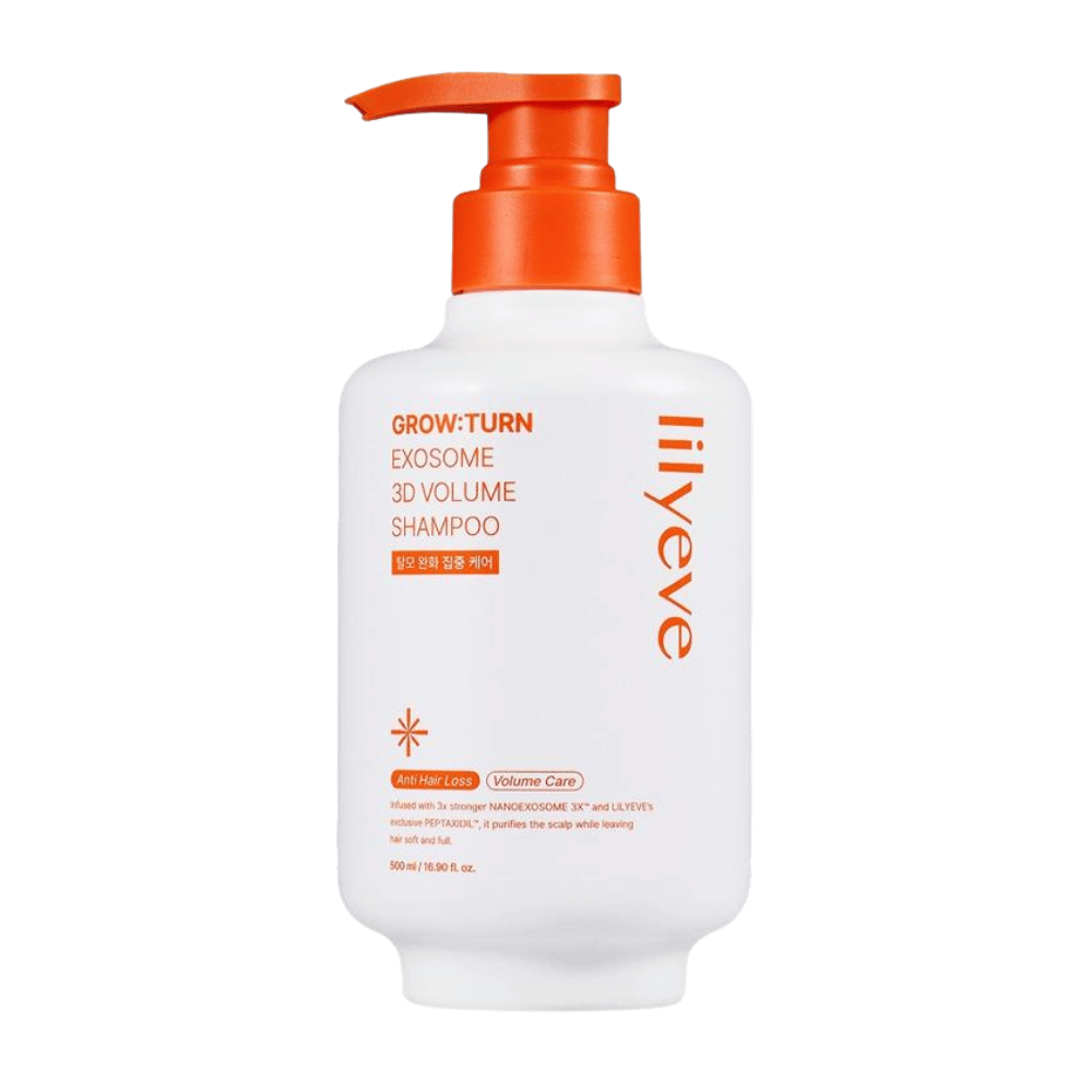 LILYEVE Grow:Turn Exosome 3D Volume Shampoo i hvit pumpeflaske med oransje detaljer for hodebunnspleie