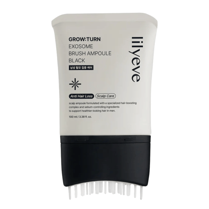 Frilagt produktbilde av LILYEVE Grow:Turn Exosome Brush Ampoule Prime mot hvit bakgrunn. Den integrerte børsteapplikatoren gjør det enkelt å påføre serumet direkte i hodebunnen for daglig hår- og hodebunnspleie.