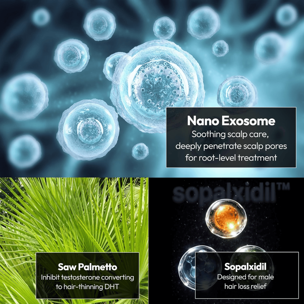 Illustrasjon av produktets nøkkelingredienser, inkludert nanoeksosomer, saw palmetto og Sopalxidil™. Ingrediensene fremheves for å støtte hodebunnspleie, redusere DHT-relatert håravfall og styrke hårets forutsetninger.