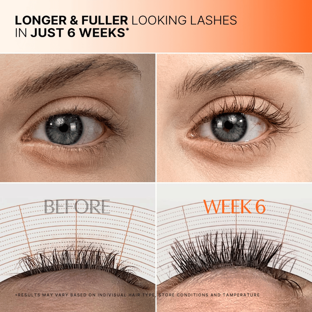 Før- og etterbilde av øyevipper etter 6 ukers bruk av LILYEVE Grow Turn Exosome Dual Lash Serum.