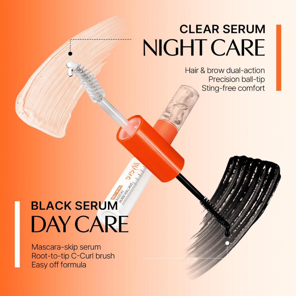 LILYEVE Grow Turn Exosome Dual Lash Serum med transparent nattserum og svart dagserum i en dobbeltsidig emballasje.