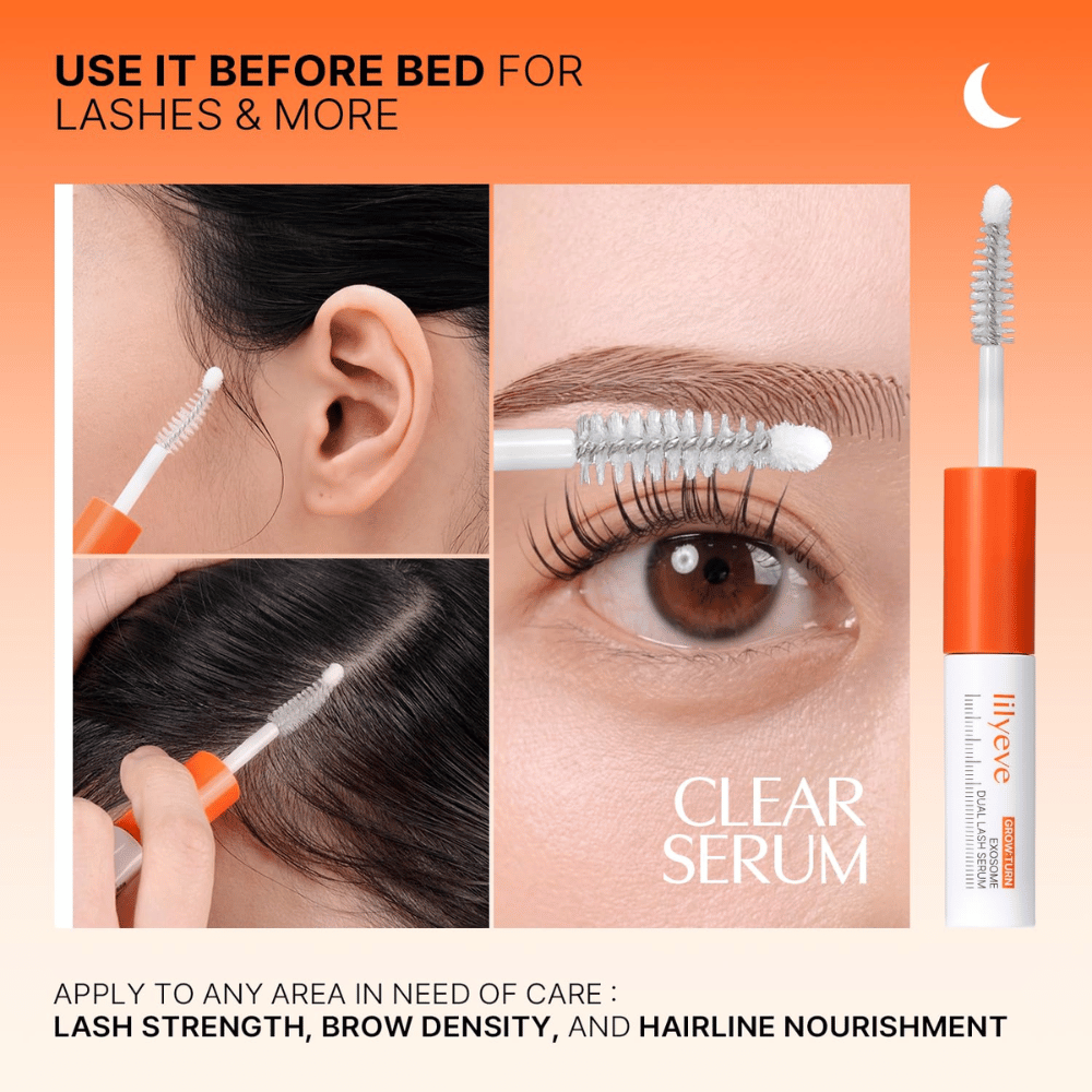 LILYEVE Grow Turn Exosome Dual Lash Serum – transparent serum for kveldspleie av øyevipper, øyenbryn og hårfeste.