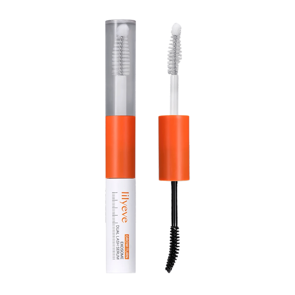 LILYEVE Grow Turn Exosome Dual Lash Serum – dobbeltsidig øyevippeserum med transparent og svart serum samt to applikatorer.