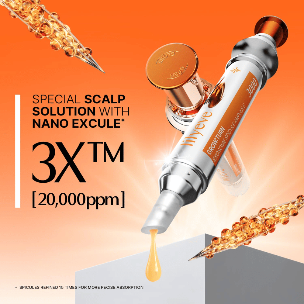 LILYEVE Grow Turn Exosome Spicule Ampoule 3000 – konsentrert hodebunnampulle med Nano Excule og spikler for målrettet påføring.