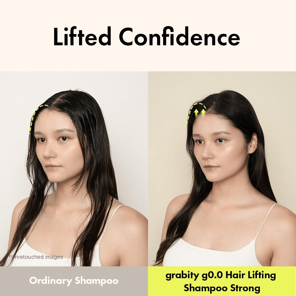 Før- og etterbilde som viser økt volum og løft ved hårrøttene etter bruk av Grabity g0.0 Hair Lifting Shampoo Strong for tynt og flatt hår.
