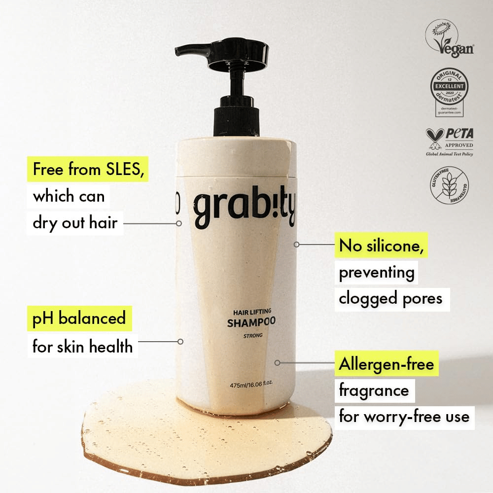 Grabity g0.0 Hair Lifting Shampoo Strong med informasjon om SLES-fri formel, silikonfri sammensetning, allergenfri duft og sertifiseringer for vegansk og skånsom hårpleie.
