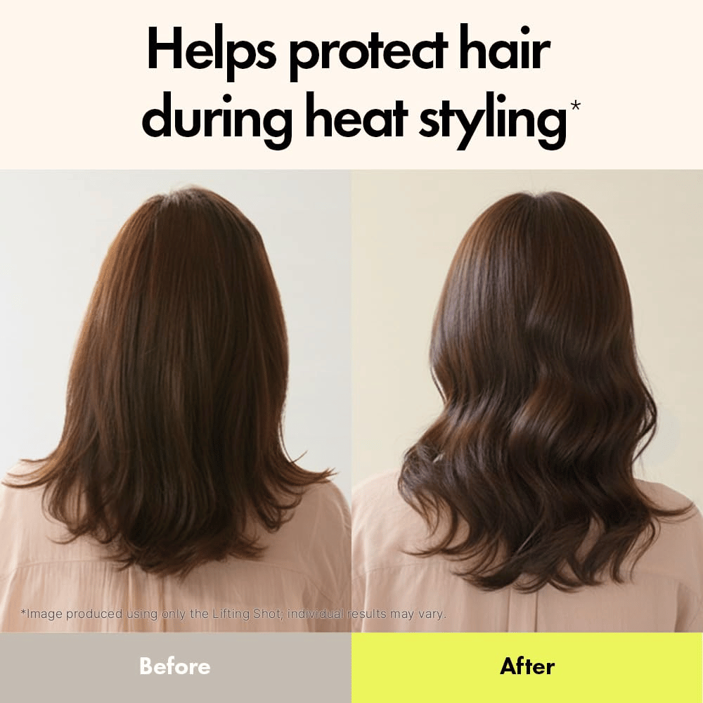 Før- og etterbilde som viser effekten av Grabity Hair Lifting Shot. Håret ser fyldigere, mer definert og bedre beskyttet ut ved varmestyling etter bruk.