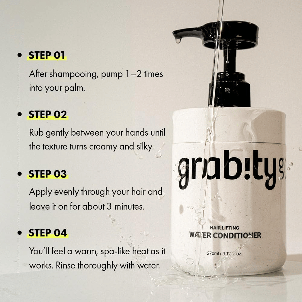 Instruksjonsbilde for Grabity Hair Lifting Water Conditioner som viser hvordan produktet brukes etter sjamponering for å gi pleie, glans og et fyldigere hårinntrykk.