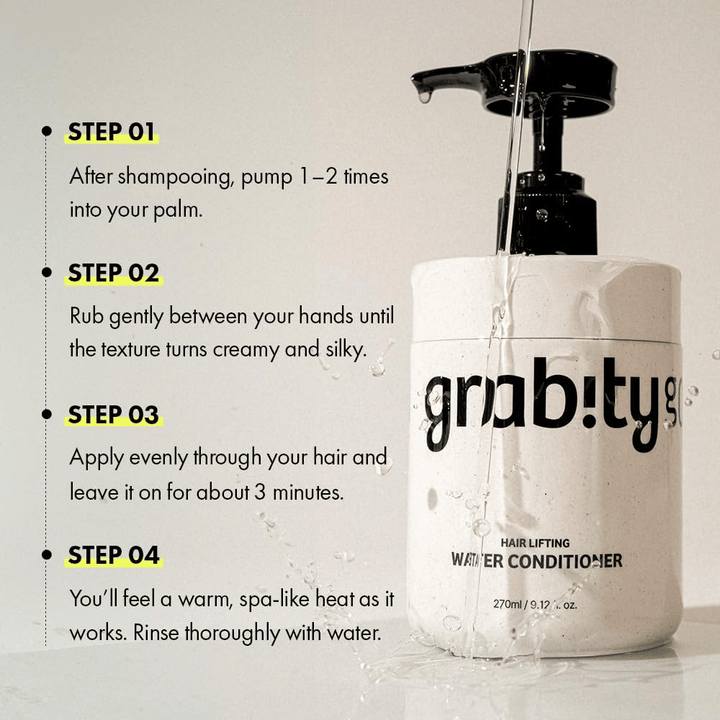 Instruksjonsbilde for Grabity Hair Lifting Water Conditioner som viser hvordan produktet brukes etter sjamponering for å gi pleie, glans og et fyldigere hårinntrykk.
