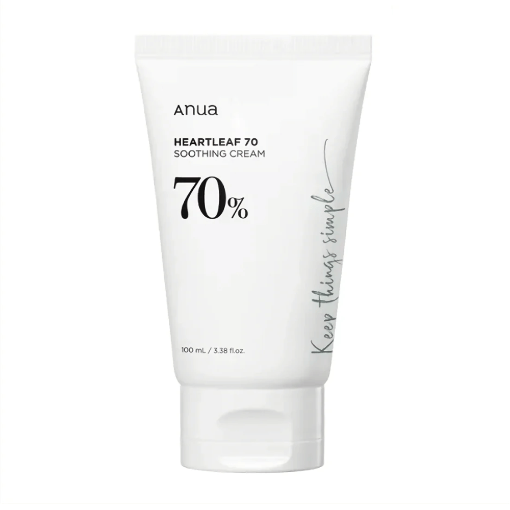 En tube av Anua Heartleaf 70 Soothing Cream på hvit bakgrunn.