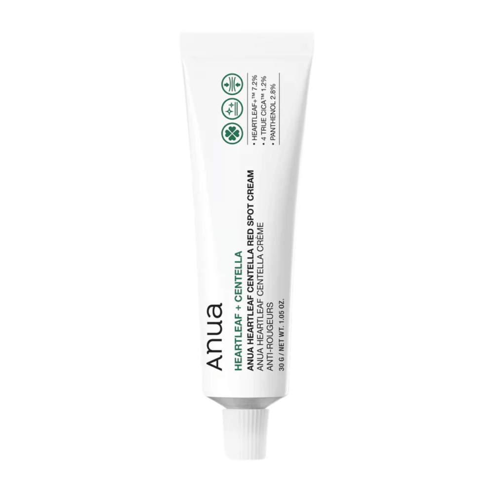 Anua Heartleaf Centella Red Spot Cream i hvit tube, en punktbehandlende krem med centella for å berolige huden og styrke fuktbarrieren.