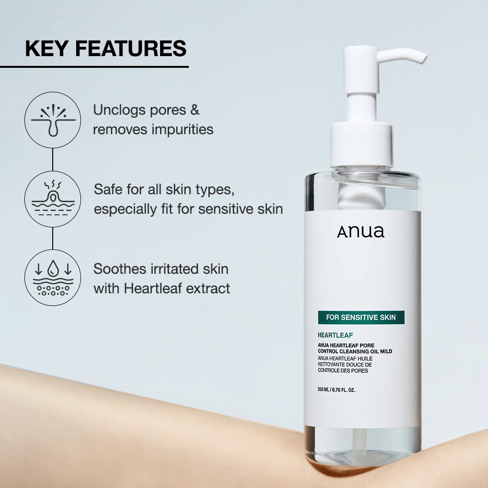Anua Heartleaf Pore Control Cleansing Oil Mild er en skånsom renseolje for alle hudtyper, spesielt egnet for sensitiv hud. Den hjelper til med å: Fjerne urenheter og rense porene. Berolige irritert hud med hjelp av heartleaf-ekstrakt. Er trygg for alle hudtyper og spesielt tilpasset for å være mild og effektiv.