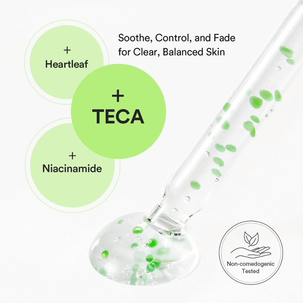 Produktillustrasjon som viser kombinasjonen av Heartleaf, TECA og niacinamid for å balansere huden, kontrollere olje og redusere synlige hudproblemer.