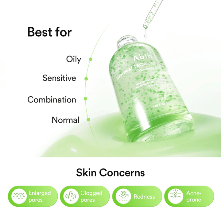 Informasjonsbilde som viser at Abib Heartleaf TECA Capsule Serum passer for fet, sensitiv, kombinert og normal hud samt retter seg mot porer, rødhet og akneutsatt hud.