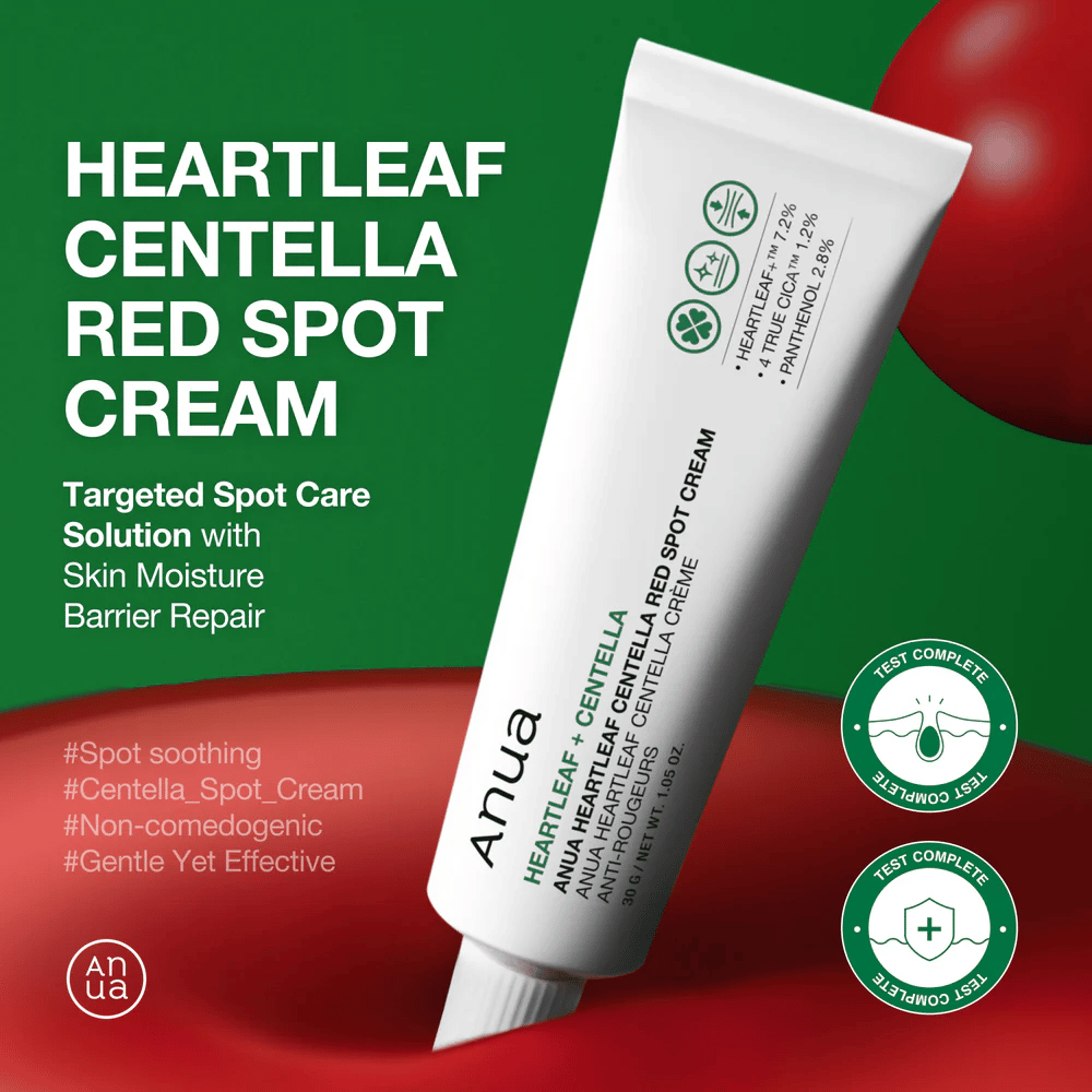 Anua Heartleaf Centella Red Spot Cream i hvit tube presentert mot grønn bakgrunn, med fokus på punktbehandling, fuktbarrierereparasjon og testet skånsom formel.
