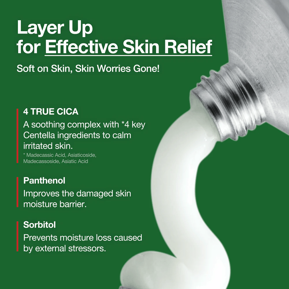 Anua Heartleaf Centella Red Spot Cream med hvit krem presset ut av tube, markerte ingredienser som 4 True Cica, Panthenol og Sorbitol for beroligende og fuktighetsgivende effekt.