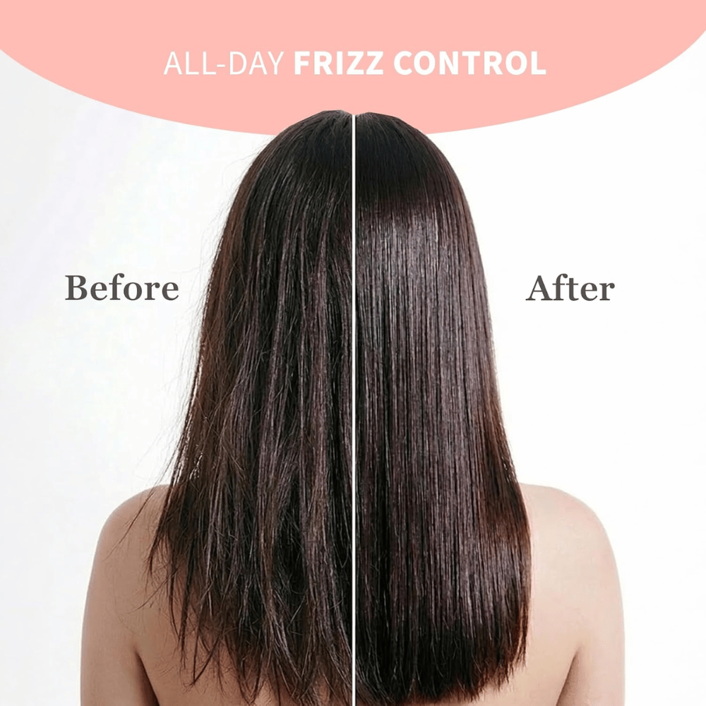 TOCOBO Heat Proof Hair Mist #01 Lowkey Famous – før og etter med frizzkontroll og glattere hår