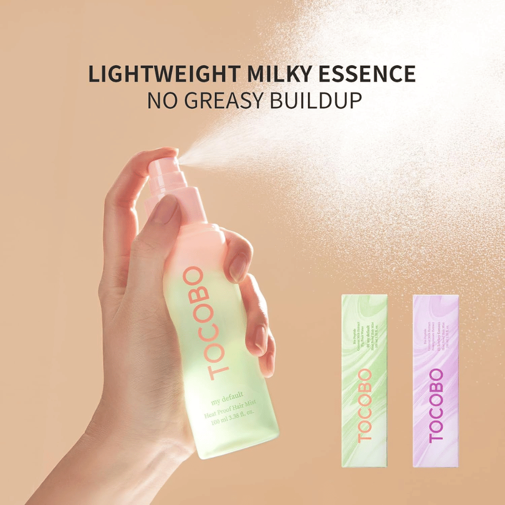 2. TOCOBO Heat Proof Hair Mist #02 My Default – lett melkeaktig hair mist som sprayes jevnt uten å gjøre håret fett eller tungt