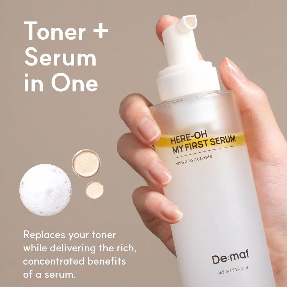 Viser hvordan produktet kombinerer toner og serum i ett steg for enkel og effektiv hudpleie.