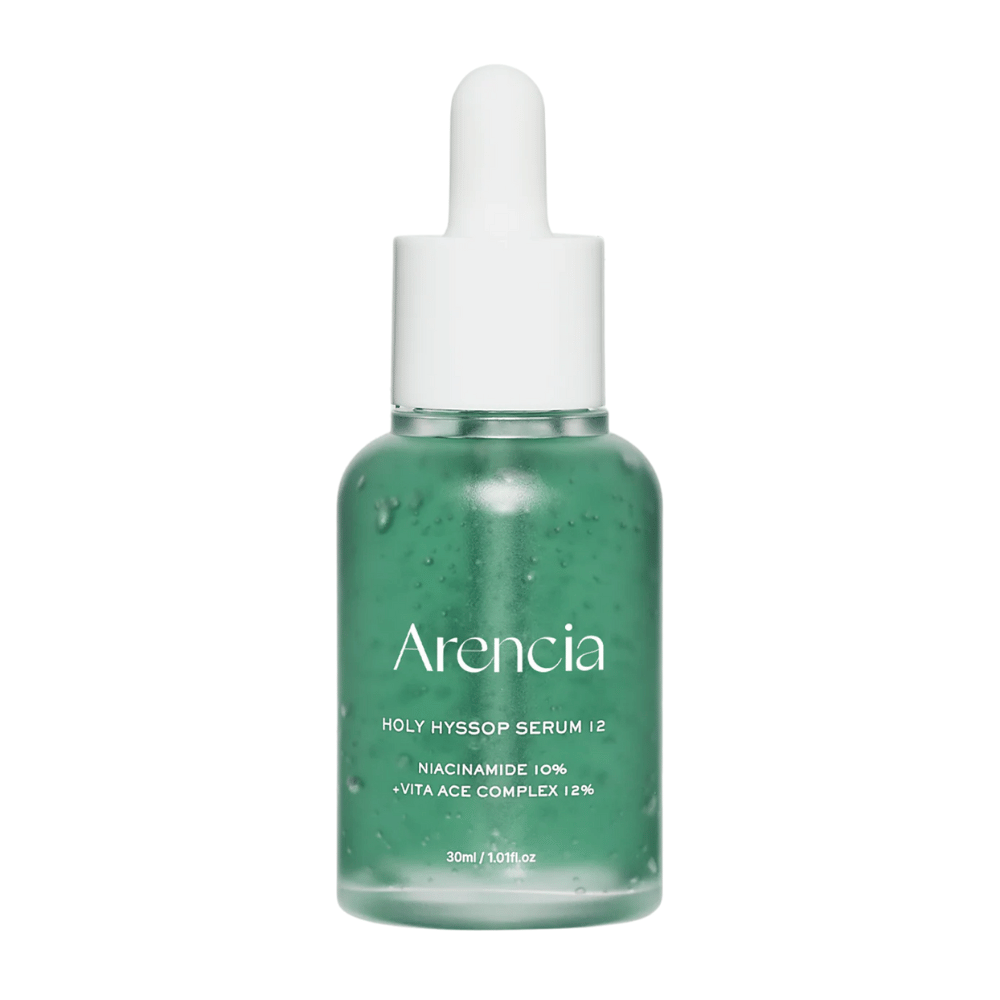 Arencia Holy Hyssop Serum 12 i grønn glassflaske med pipette, ansiktsserum med niacinamid 10 % og vitamin ACE-kompleks 12 %.